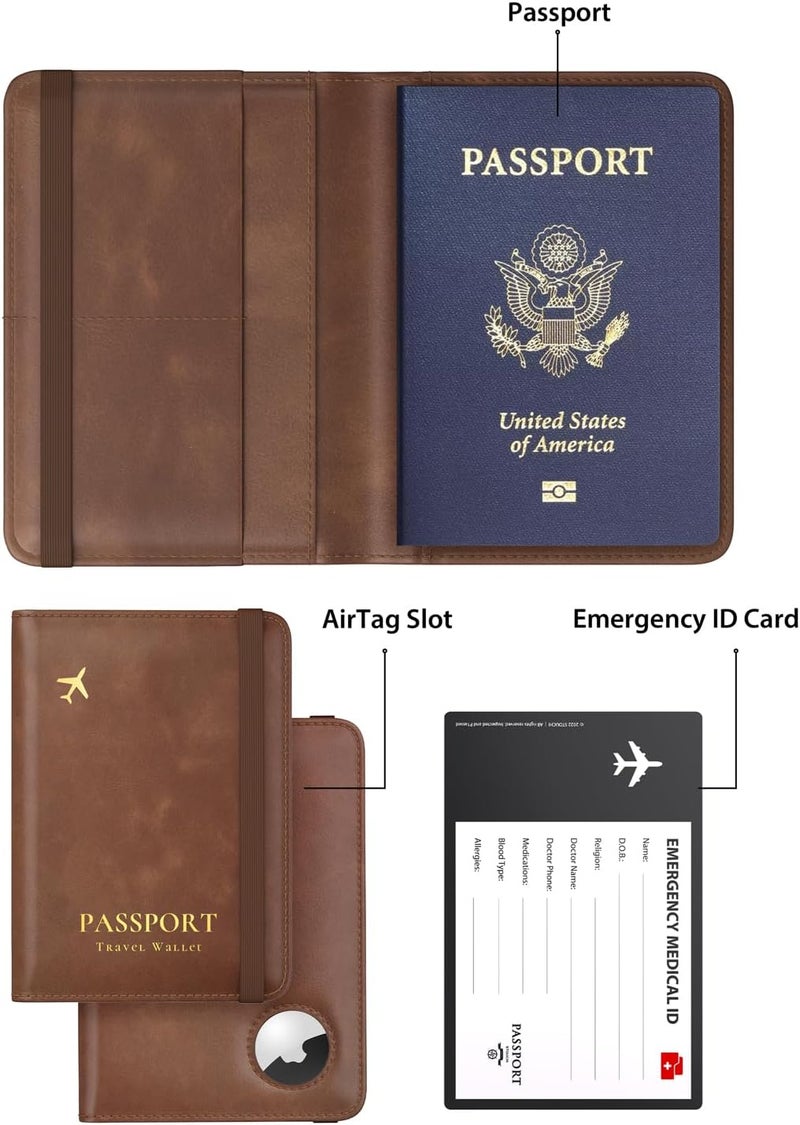 Stouchi AirTag Passport Holder, RFID Passport Holder with Airtag Slot, Multiple Passport Wallet Cover for Men, Leather Passport Case, Anti-Lost Waterproof Travel Accessories, Brown - Image 2